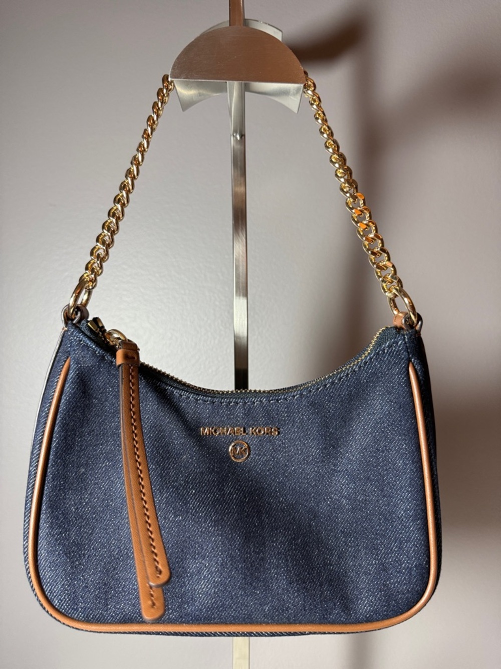 Michael Kors Denim Shoulder Bag with Brown Trim and Gold Chain